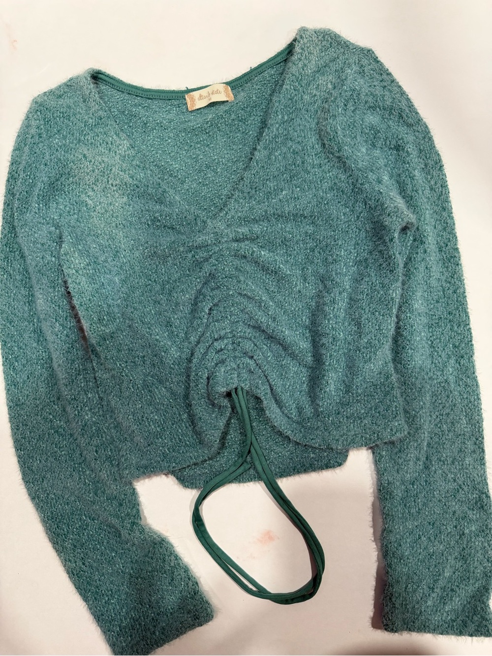 Altar'd State Seafoam Green Plush V-Neck Ruched Crop Pullover